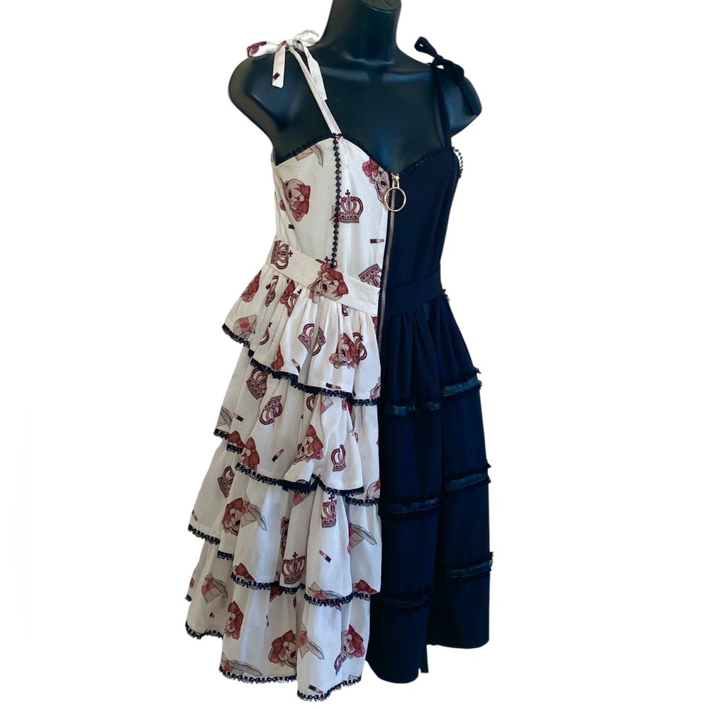 Lolita Gothic Skull Print Faux Leather Trim Zip Front Black Midi Dress Sz S